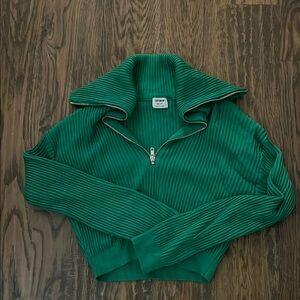 Green Ribbed Zip-Up Sweater